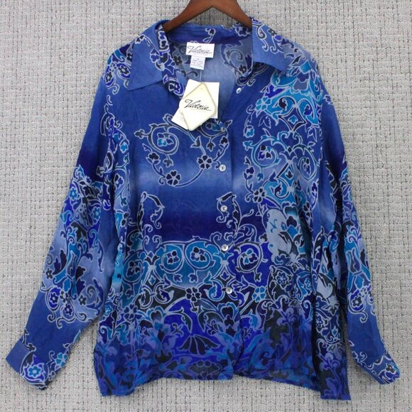 Vintage Victoria SOIE Silk Shirt Womens 1X Purple Button Down Floral Pattern NWT - Picture 1 of 9